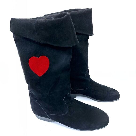 VTG 90s Jack Sprat Black Slouchy Suede Knee Boots Red Hearts Sz 8.5 S - Picture 4 of 9